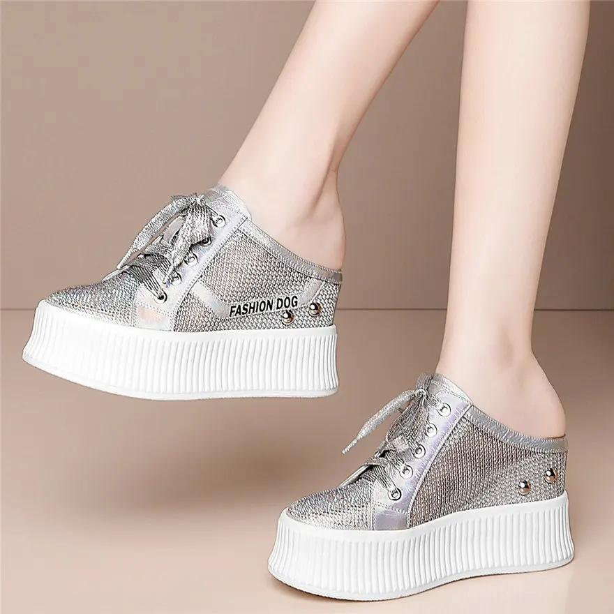 

Silver Women Lace Up Leather Wedges High Heel Gladiator Sandals Female Rhinestones Platform Pumps Shoes Breathable Mesh Sneakers