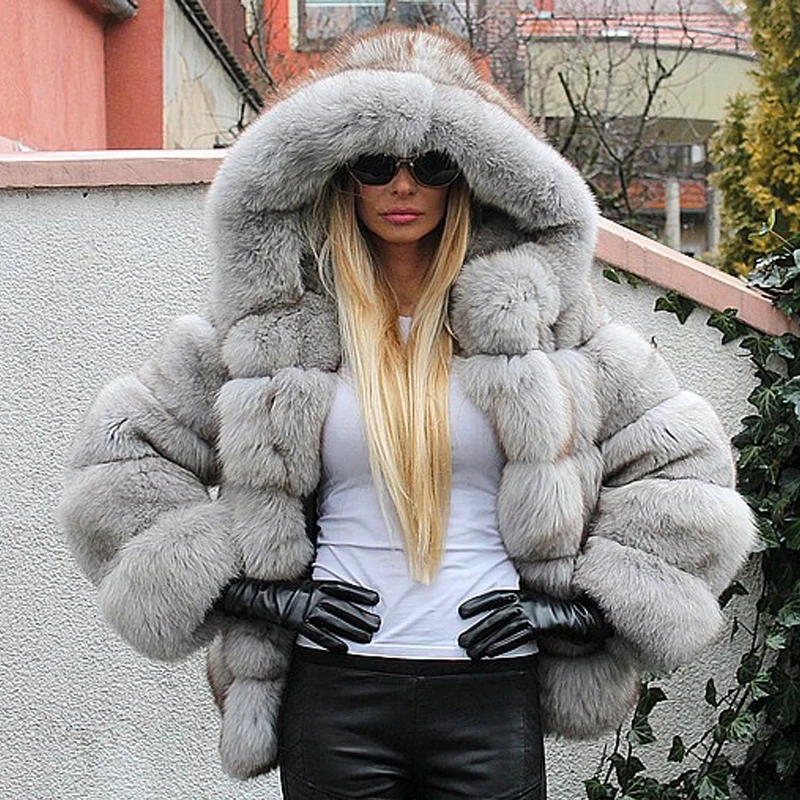 Fashion Natural Real Blue Fox Fur Jackets For Women Winter Wholeskin Thick Geunine Fox Fur Coat With Hood Woman Luxury Overcoat enlarge