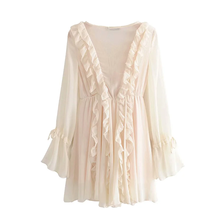 

SHEYIJUN Women Chic Fashion With Drawstring Ruffles Mini Dress Vintage V Neck Long Sleeve Beach Female Dresses Vestidos Mujer