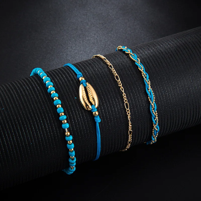 Набор многослойных плетеных женских браслетов с бусинами 4 шт.|Анклеты| |