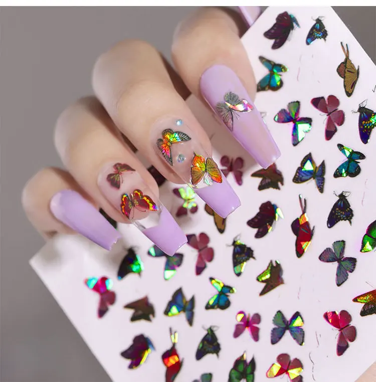 

3D Holographic Laser Butterfly Nail Stickers Gradient Colorful Butterfly Rose Hydrangea Nail Sliders Decal For Nail Decoration