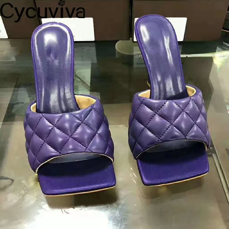 Chic Rhombus Genuine Leather Slippers Classic Square Toe High Heels Summer Sandals Femme Sexy Runway Party Shoes Woman | Обувь