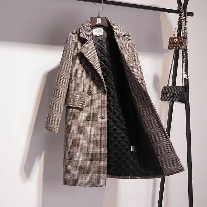 

Woolen jacket women 2021 new plaid mid-length loose plaid thick woolen coat in autumn and winter