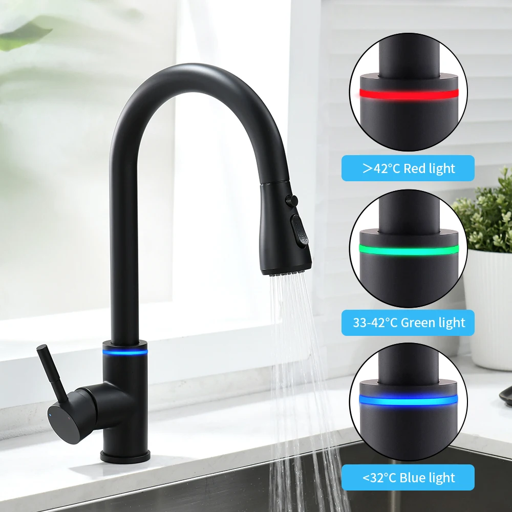Kitchen Faucet Single Hole Led Style Pull Out Spout Kitchen Sink Stream Sprayer Head Black Mixer Tap Led 866006