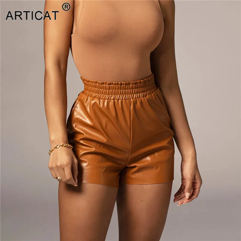 

Articat Casual PU Leather Shorts Women Solid Pleated Elastic Waist Pants Women Spring Streetwear Pocket Skinny Short Pants