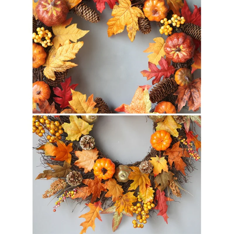 

50cm Artificial Maple Leaves Wreath With Pumpkin Berries Thanksgiving Halloween Holiday Front Door Wall Hanging Garland