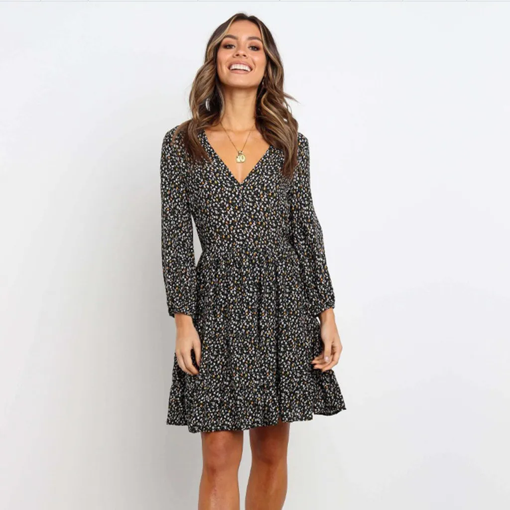 Женское платье с v образным вырезом и цветочным принтом длинный рукав