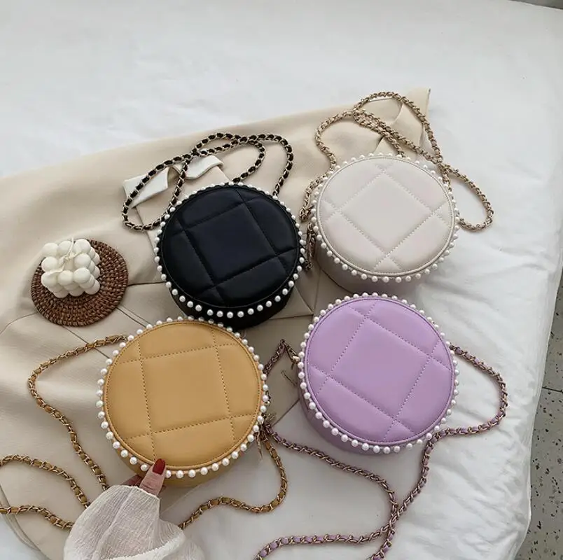 Клетчатая круглая сумка через плечо с жемчугом 2020 модная новинка