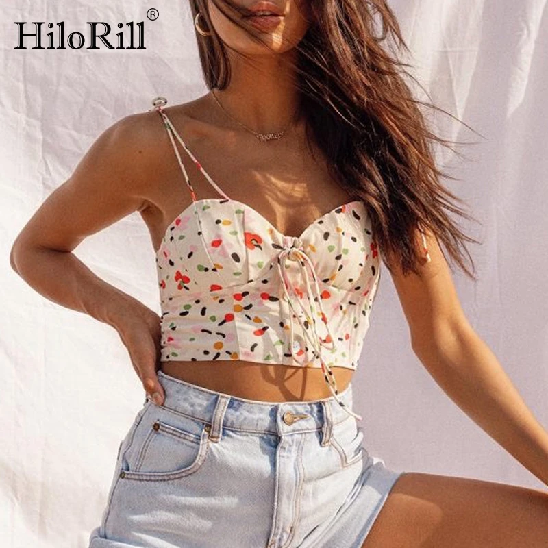

HiloRill Sexy Spaghetti Strap Beach Tops Print Bow Tie Club Party Short Camis Backless Bodycon Tank Top Summer Vetement Femme