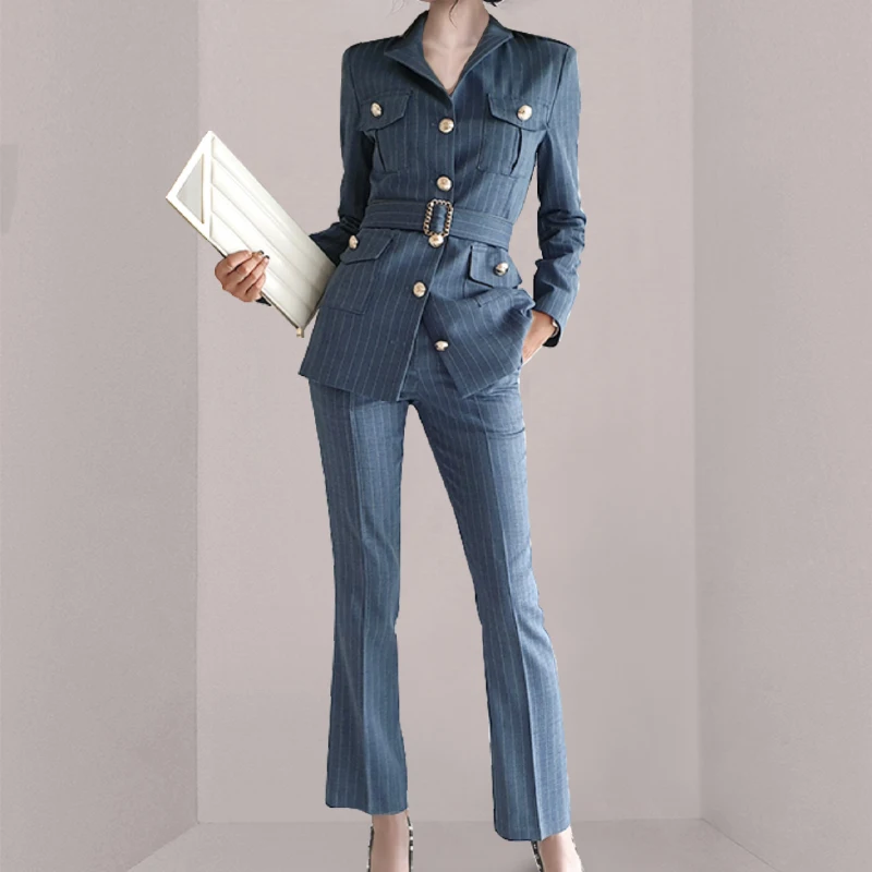 

Business Women Pant Suit Autumn Women Single Breasted Striped Belt Blazers Coat + Office OL Wide Leg Trousers Suit Two Piece Set