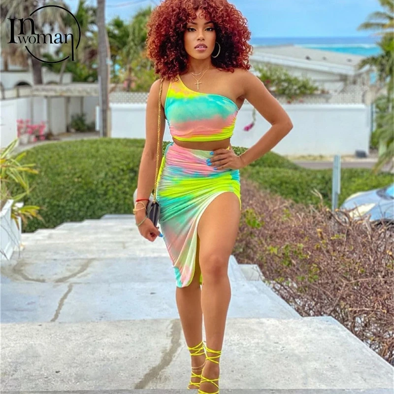 

Женский сексуальный топ на одно плечо Inwoman с принтом, топ без рукавов с открытой спиной, летний комплект из двух предметов, Женский клубный к...