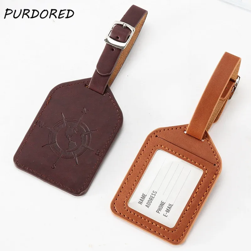 

PURDORED 1 pc Compass Pattern Luggage Tag PU Leather Suitcase Label Bag Travel Accessories Name ID Address Tags Dropshipping