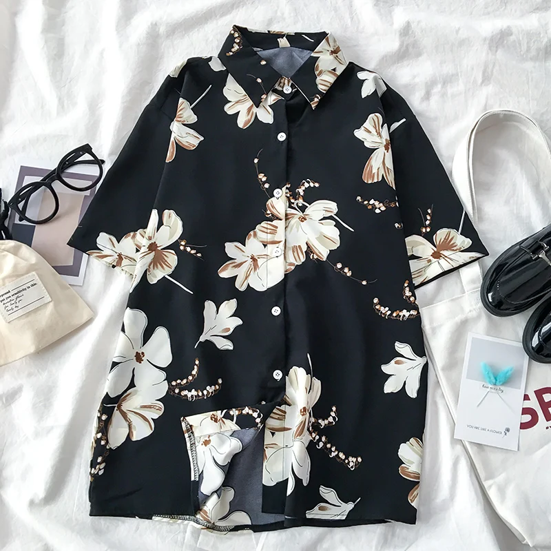 Женская блузка с коротким рукавом летняя цветочным принтом в стиле ретро модель