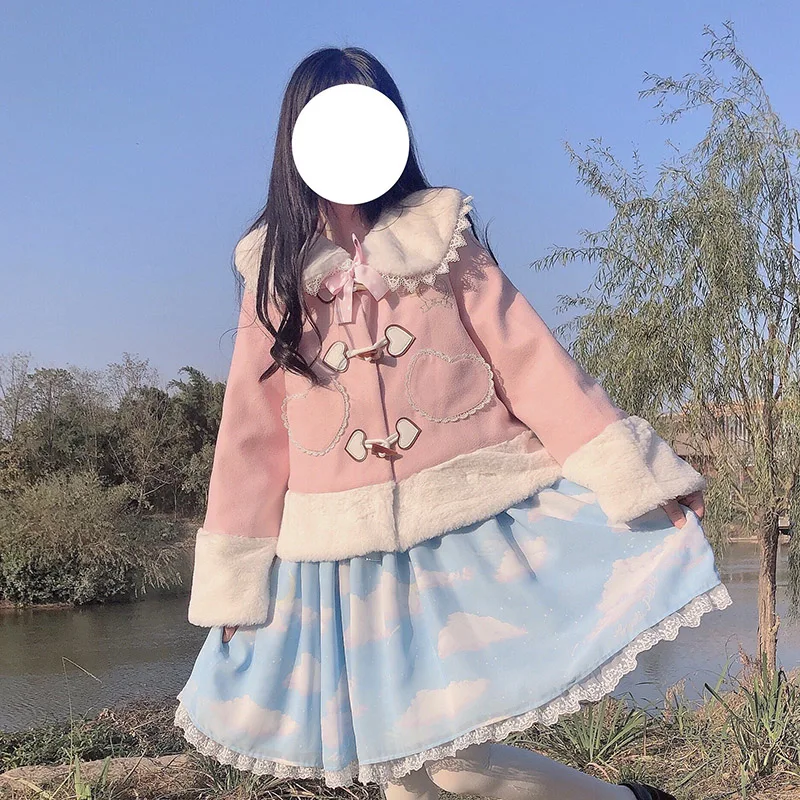 Anbenser Women Sweet Autumn Winter Lolita Coats Rabbit Ears Warm Soft Plush Cartoon Anime Cute Cat Kawaii Hooded Jackets Outwear