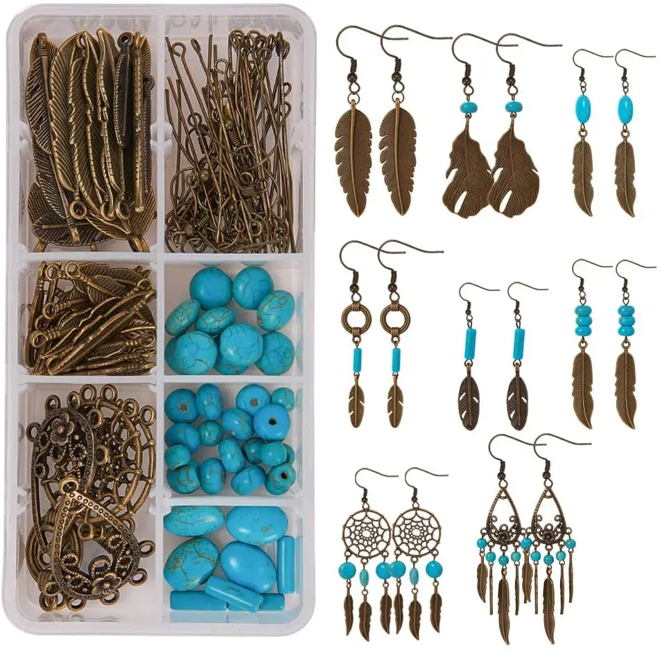 

1 Box 8 Pairs Bohemian Feather Dream Catcher Earring Making Kit Antique Bronze Feather Charm Connector Turquoise Gemstone Beads