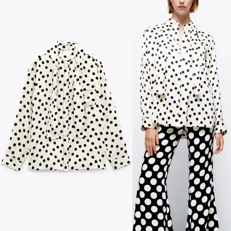 

Za 2021 Flowy Polka Dot Blouse Women Long Sleeve Sacrf Tie Elegant Blouses Feminine Chic Side Vents Button Up Slim Shirts Female