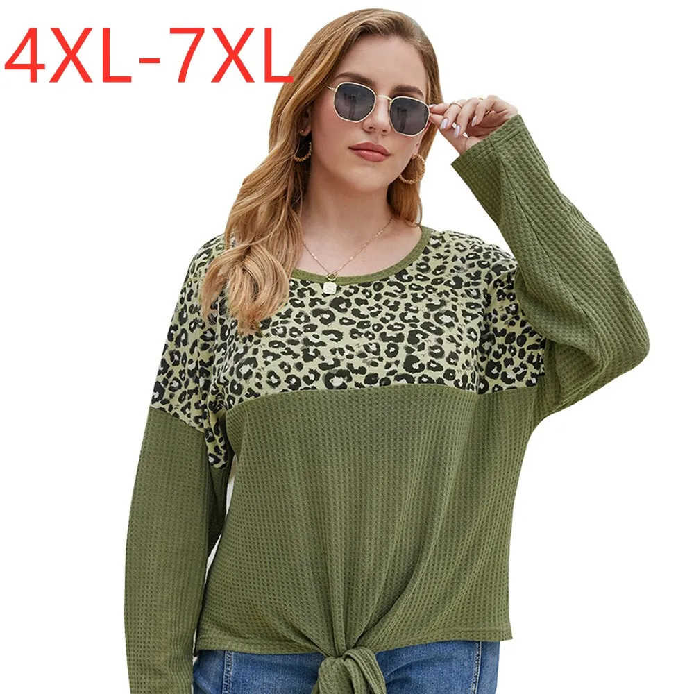 

Женская свободная футболка с леопардовым принтом, зеленая футболка с длинным рукавом и бантом, размеры 4XL, 5XL, 6XL, 7XL, Осень-зима 2020