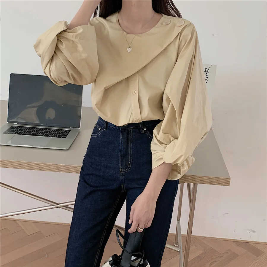 

Alien Kitty 2021Spring Single-Breasted Solid Color Women's Puff Sleeve Shirt Women O-Neck Blouse Casual Loose Fashion Lady Tops