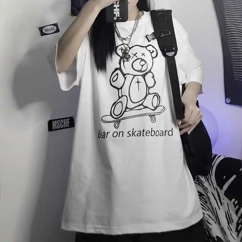 

T-shirt Blouse Summer Korean Version Harajuku Vintage Bear Print Student Loose Round Neck Short Sleeve Harajuku Y2k Aesthetic