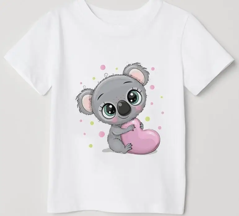 

Lovely Koala Pink Love Cartoon Print Tshirt Girls Summer Kids Clothes White Pink Short Sleeve T-Shirt Children Clothes T-Shirt