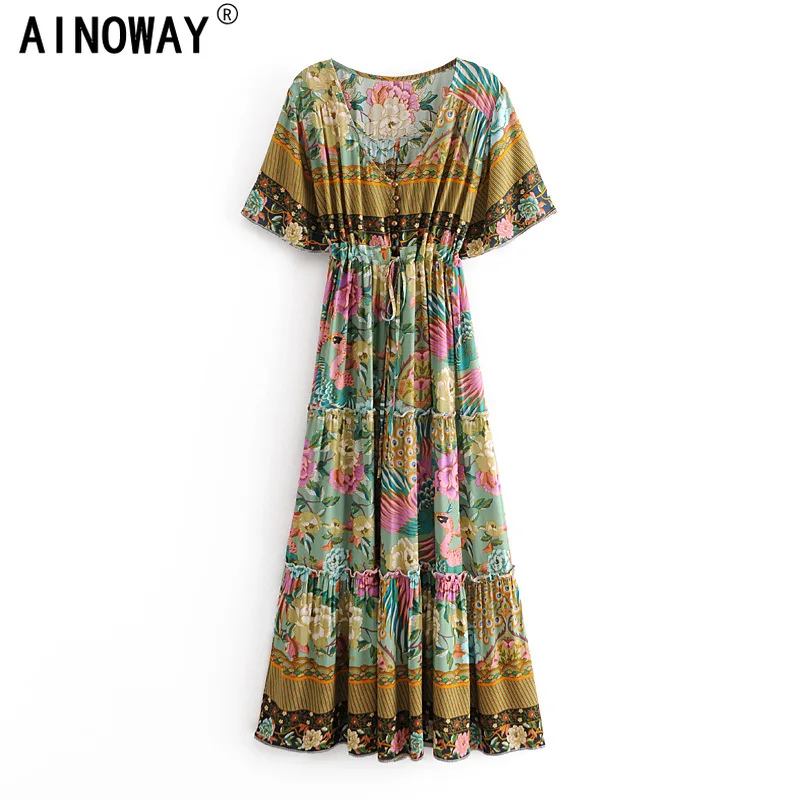 Винтажное шикарное женское платье с цветочным принтом павлина и поясом Пляжное