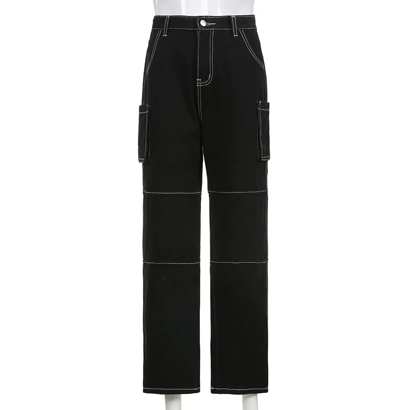 

2021 New Arrival Summer Style Female Fashion Sexy Summer Loose Patchwork Black High Waist Night Club Denim Stright Pants