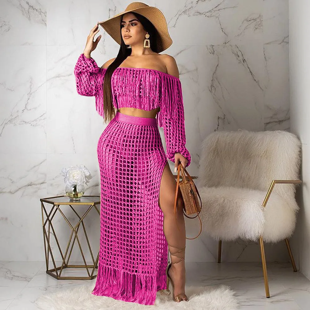 

Womens Fringed Tassel Hollow Out Long Dress Sexy Off Shoulder Long Sleeve Knit Crochet Dresses Summer Beach Style Clothes