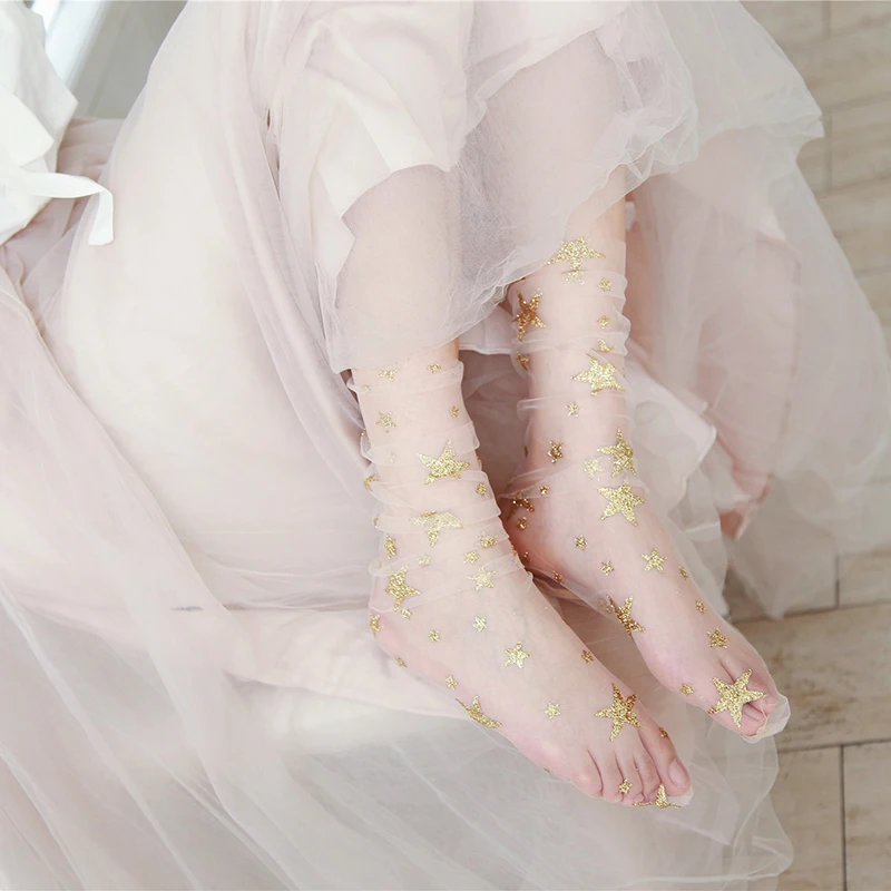 Блестящие тюлевые носки со звездами женские тонкие прозрачные длинные в