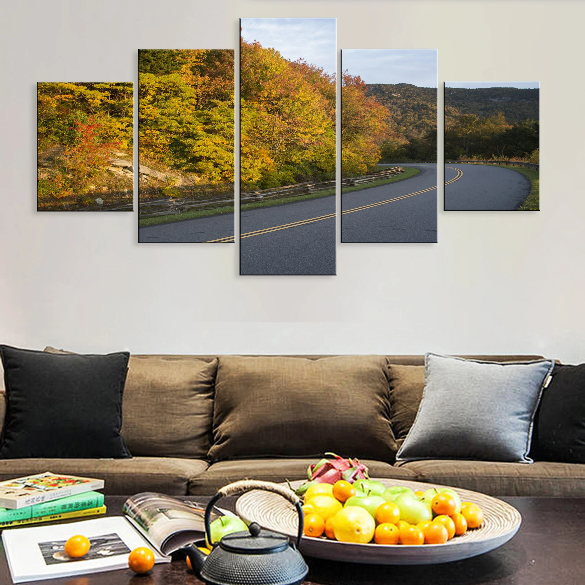 

Hd Autumn Falling Leaves Trees Landscape 5 Pieces Artwork Modular Poster Painting Canvas For Living Room Home Decor Framework