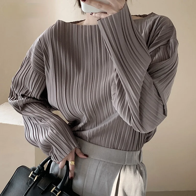 

Korean Autumn Simple O-neck Pullover Shirts Solid Color Chic Pleated Women Blouse All-match Long Sleeve Femme Blusas