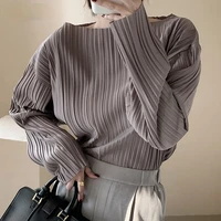 korean autumn simple o neck pullover shirts solid color chic pleated women blouse all match long sleeve femme blusas