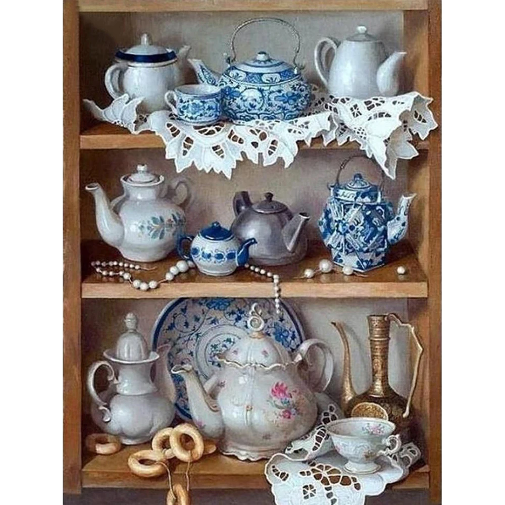 Алмазная вышивка Чайник в ландшафте Рисунок стразами Полное квадратное живопись Стеклянная мозаика Декор кухни a1863.