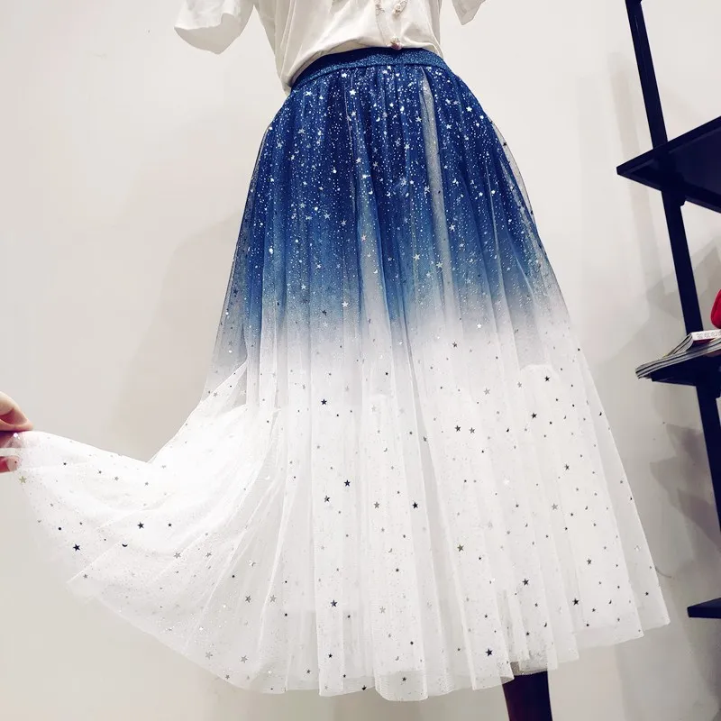 Gradient Color Tulle Skirt Women High Waist Pleated Long Female A-Line White Tutu | Женская одежда