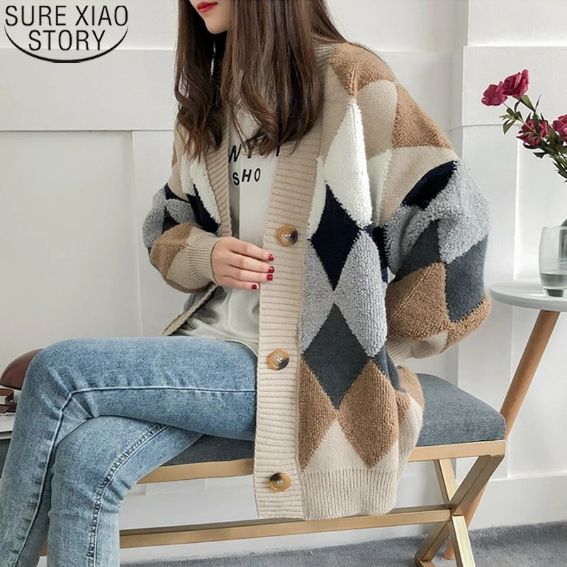 

Модный свитер с узором ромбиками, повседневные свободные кардиганы, вязаные топы, женская зимняя одежда, Женский Свитер оверсайз с длинным ...