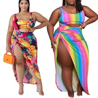 sexy rainbow striped print women 2021 summer holiday beach sleeveless o neck one piece swimwear high split skirts bikini suits