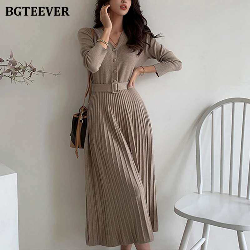 

BGTEEVER Elegant V-neck Single-breasted Women Thicken Sweater Dress 2021 Autumn Winter Knitted Belted Female A-line soft dresses