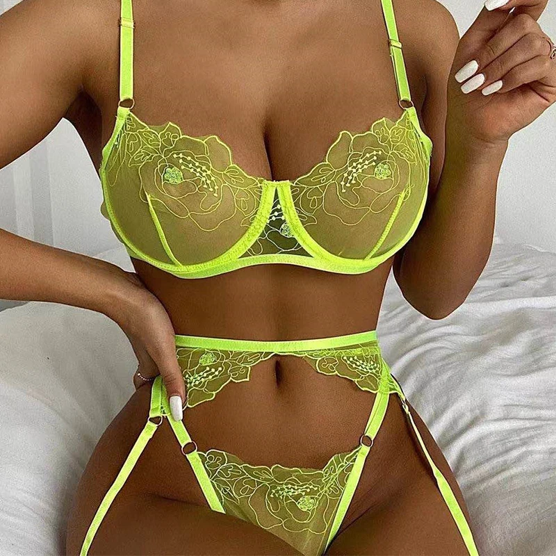 

Neon Kiss Lingerie Sensual Women's Underwear 3 Pieces Erotic Lace Bra Kit Push Up S-XL Embroidery Breves Sets Garters