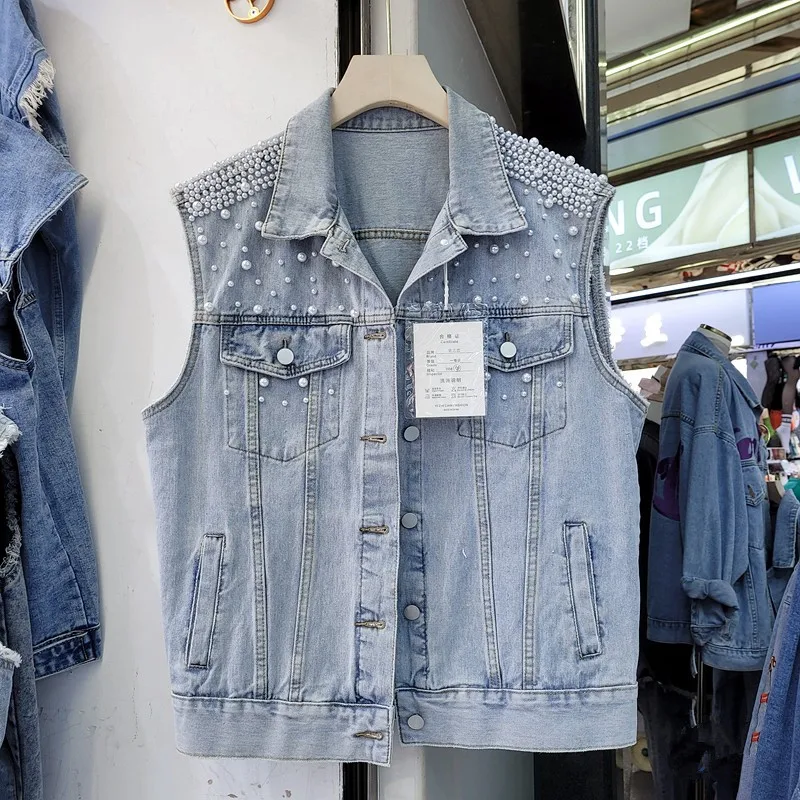 

Korean Loose Vintage Washed Light blue Denim Vest Women Spring Fashion Pearl Beaded Sleeveless Coat Female Casual Jean Waistcoat