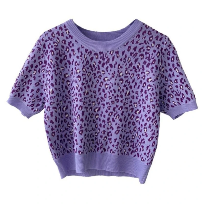 

2021 Summer New Hong Kong Style Retro Chic Fashion Loose Wild Leopard Print Short-Sleeved Sweater Short Top Women