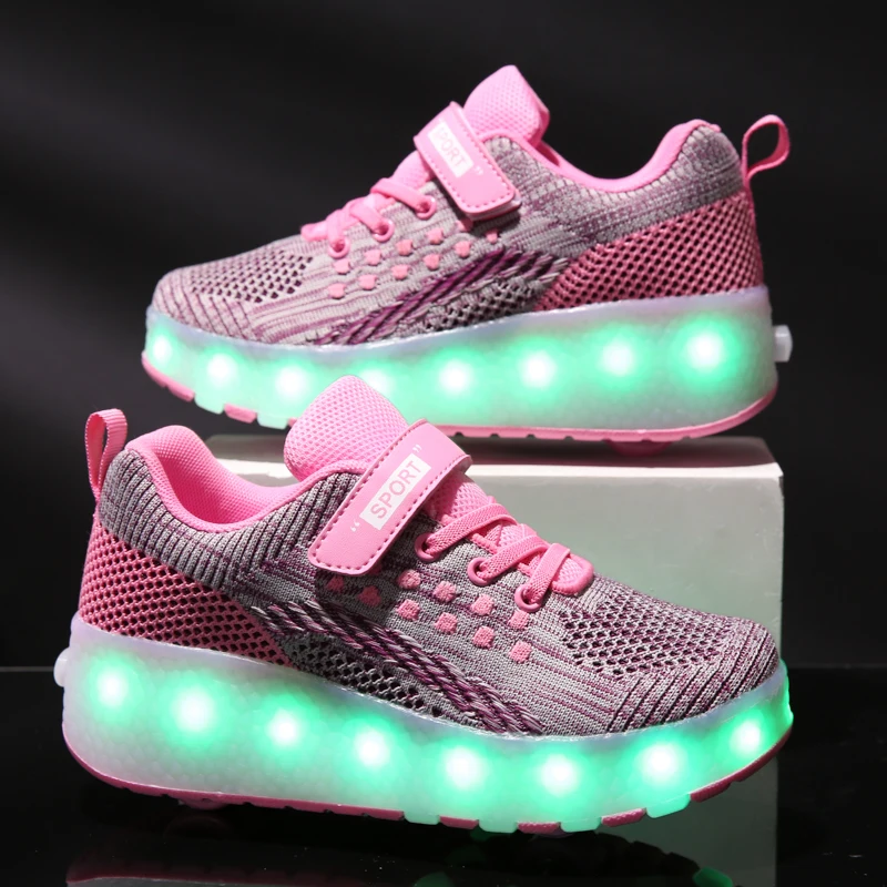 Children Two Wheels Luminous Glowing Sneakers Red Grey Pink Led Light Roller Skate Shoes Kids Boys Girls USB Charging | Детская одежда