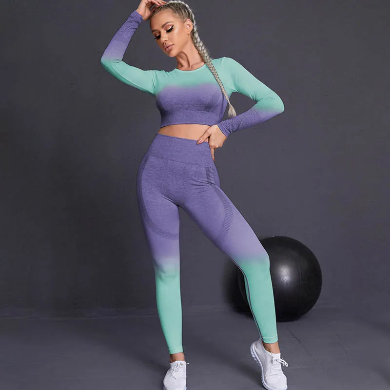 

ASHEYWR новые градиентные Топы с длинным рукавом женские тонкие быстросохнущие с высокой талией для фитнеса комплект из двух частей эластичны...