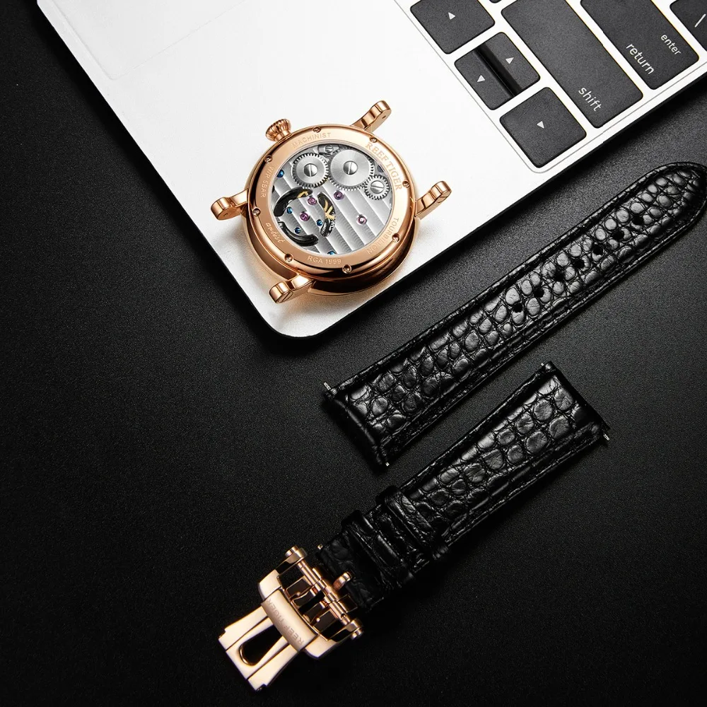 

Reef Tiger/RT Luxury Casual Watches for Men Rose Gold Alligator Strap Tourbillon Automatic Watches RGA1999