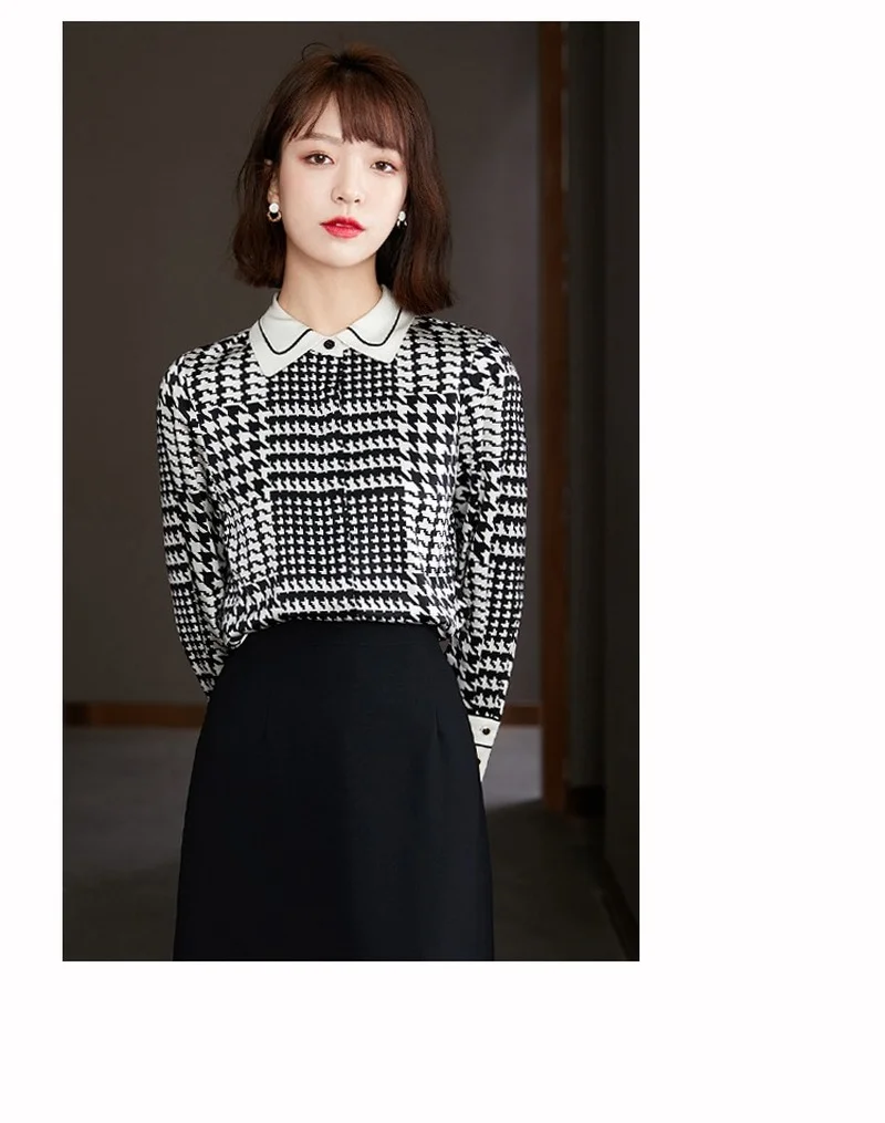 

Houthion Chiffon Slim Women's Blouses New Casual Blouse Fashion Long Sleeve Top Thousand Birds Plaid Print Shirt Spring/autumn