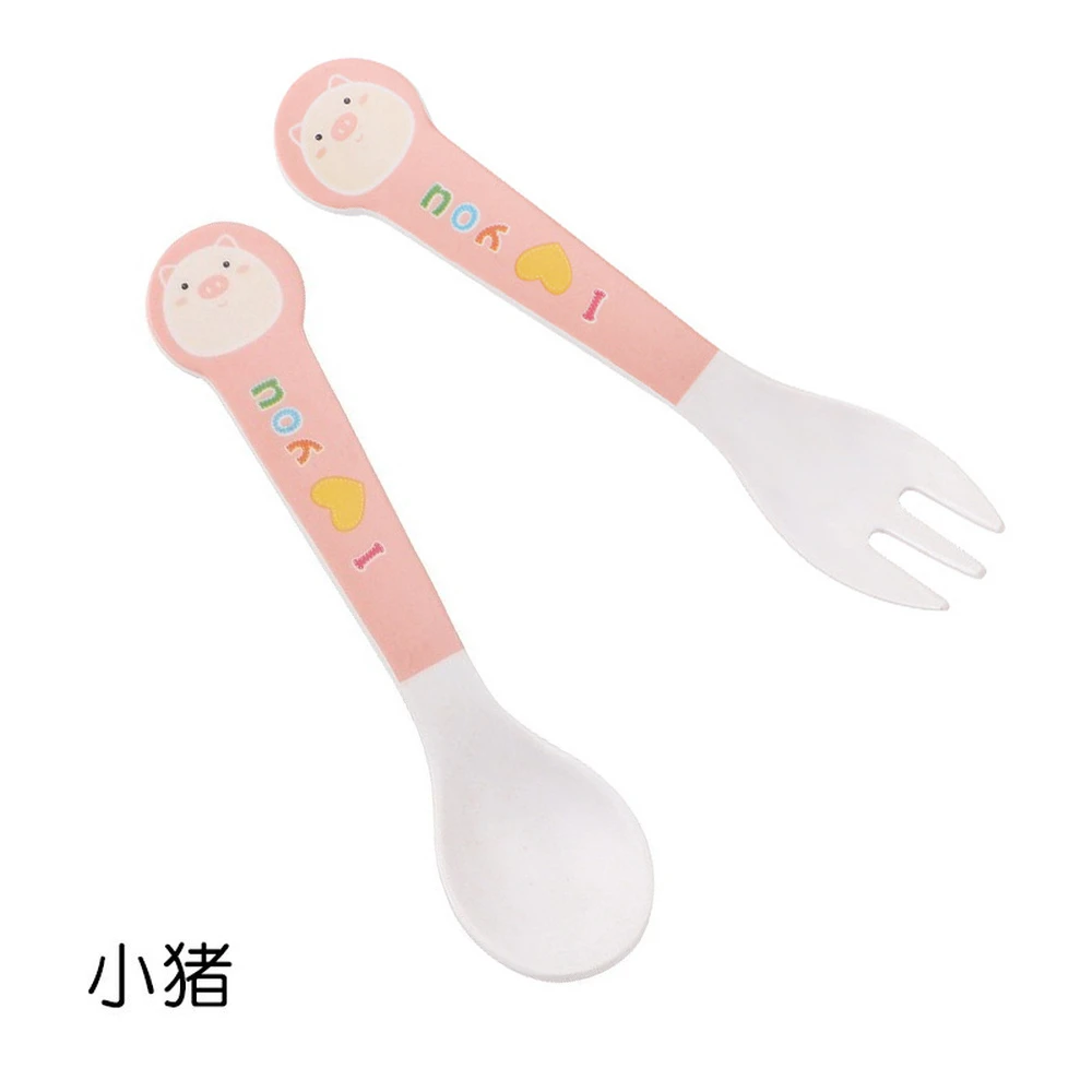 2 Pcs Cute Cartoon Pattern Bamboo Fiber Dinner Fork Spoon Set Children's Baby Kids Food Picks Solid Feeding Tableware Cutlery | Дом и сад