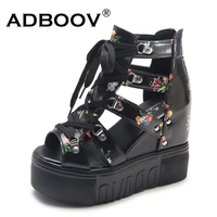 adboov flowers print peep toe wedge sandals women pu leather back zip platform summer shoes women