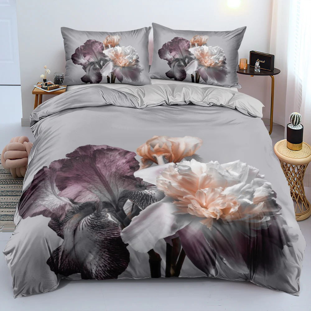 

HD Cream Flower Duvet Cover Set Gray Comforter/Quilt Cover Set Twin Single Double King Size 240x210cm Bed Linen for Girls Adults