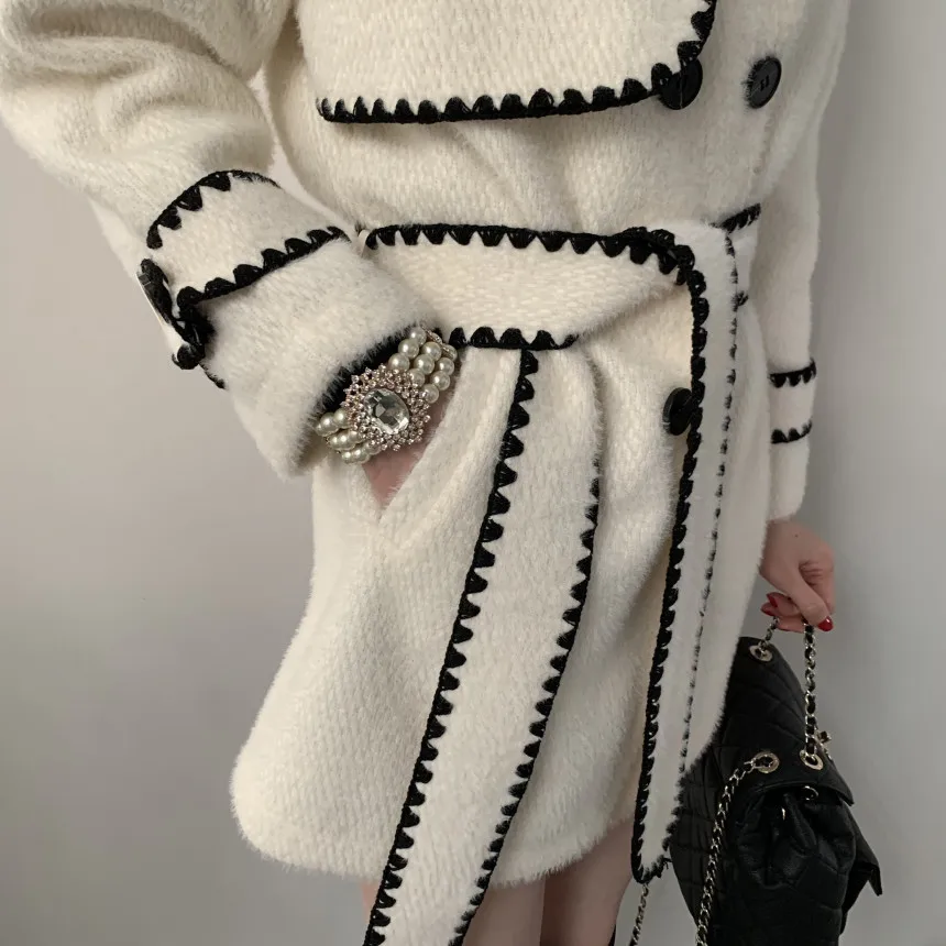 

TVVOVVIN Women Woolen Coat Color Matching Double Breasted Imitation Cashmere Winter Jacket Vintage Cardigan Overcoat Autumn E18W