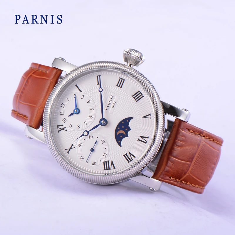 

Fashion Parnis 43MM Hand Wind Men's Watch Blue Hands White Dial Brown Strap Moon Phase Mens Mechanical Hand Winding Watches 2022