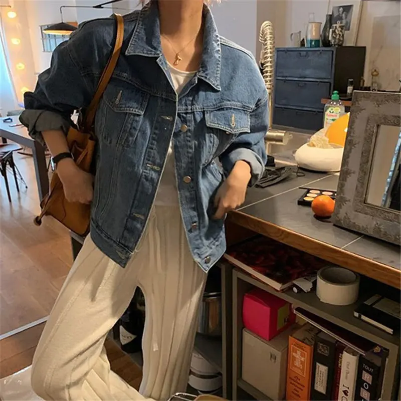 

HziriP Vintage Classic Light Washed Denim Jackets Fashion Women Feminine Loose Solid Chic Casual Streetwear Short Jeans Coats