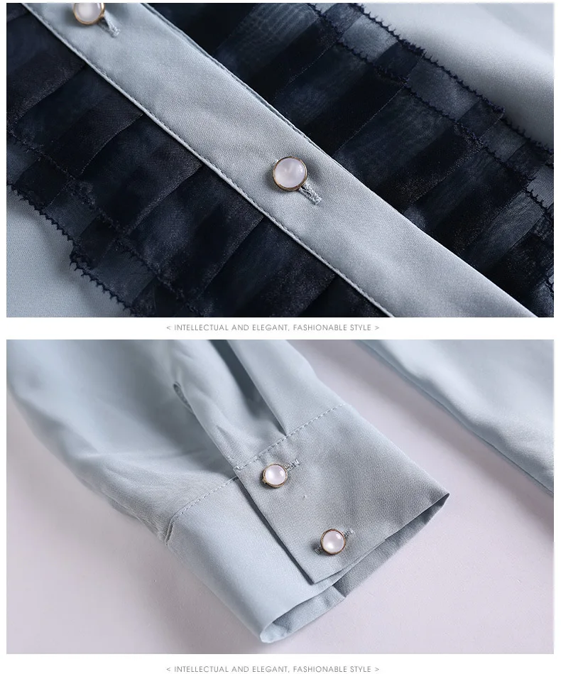 Женская винтажная блузка с длинным рукавом элегантная однотонная голубая